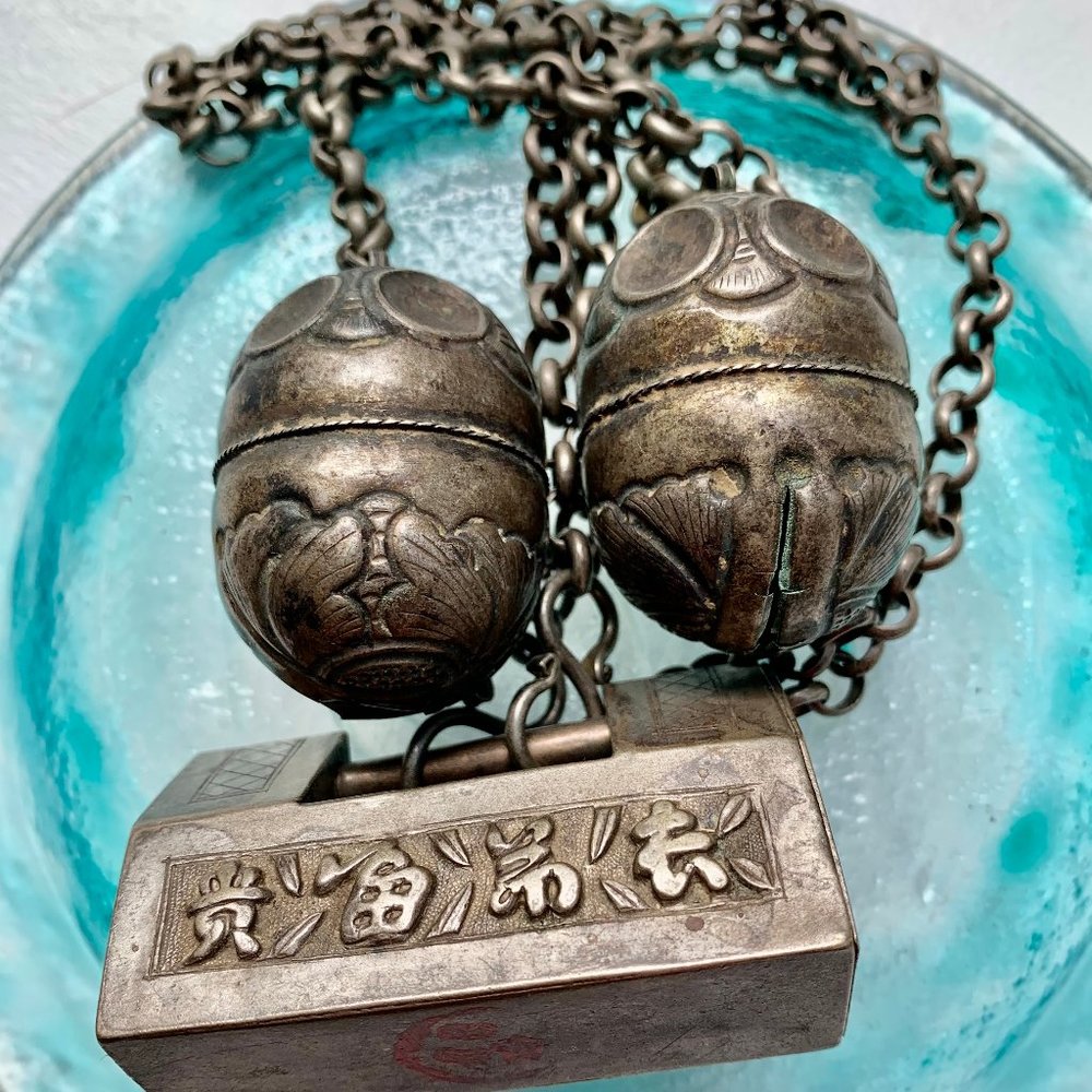 Antique Vintage Chinese Silver Longevity Necklace Pendant Bells Flawless
